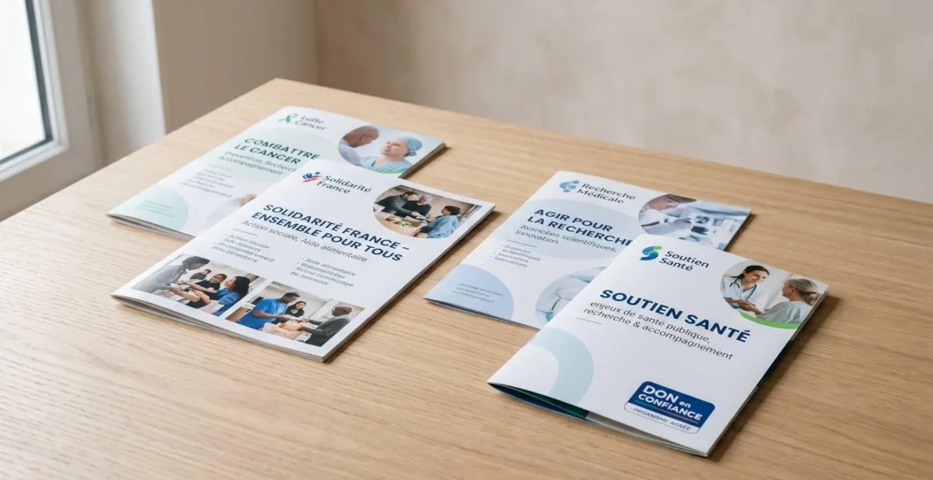 Brochures d'associations caritatives françaises disposées sur une table claire, avec le logo Don en Confiance visible au premier plan