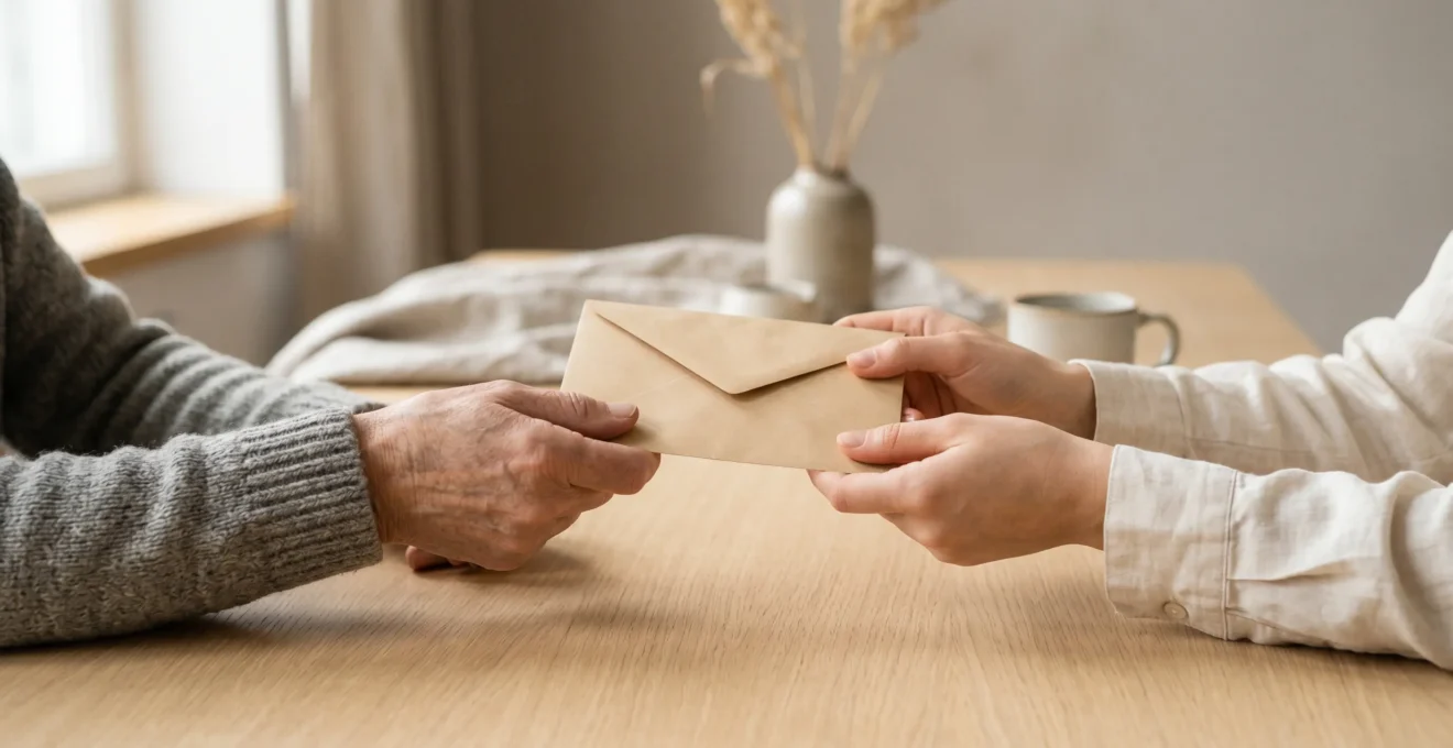 Deux mains se rejoignant pour transmettre une enveloppe sobre dans un intérieur épuré aux tons neutres, évoquant un geste de don commémoratif