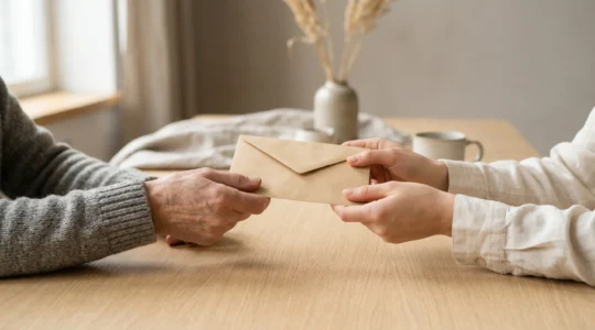 Deux mains se rejoignant pour transmettre une enveloppe sobre dans un intérieur épuré aux tons neutres, évoquant un geste de don commémoratif