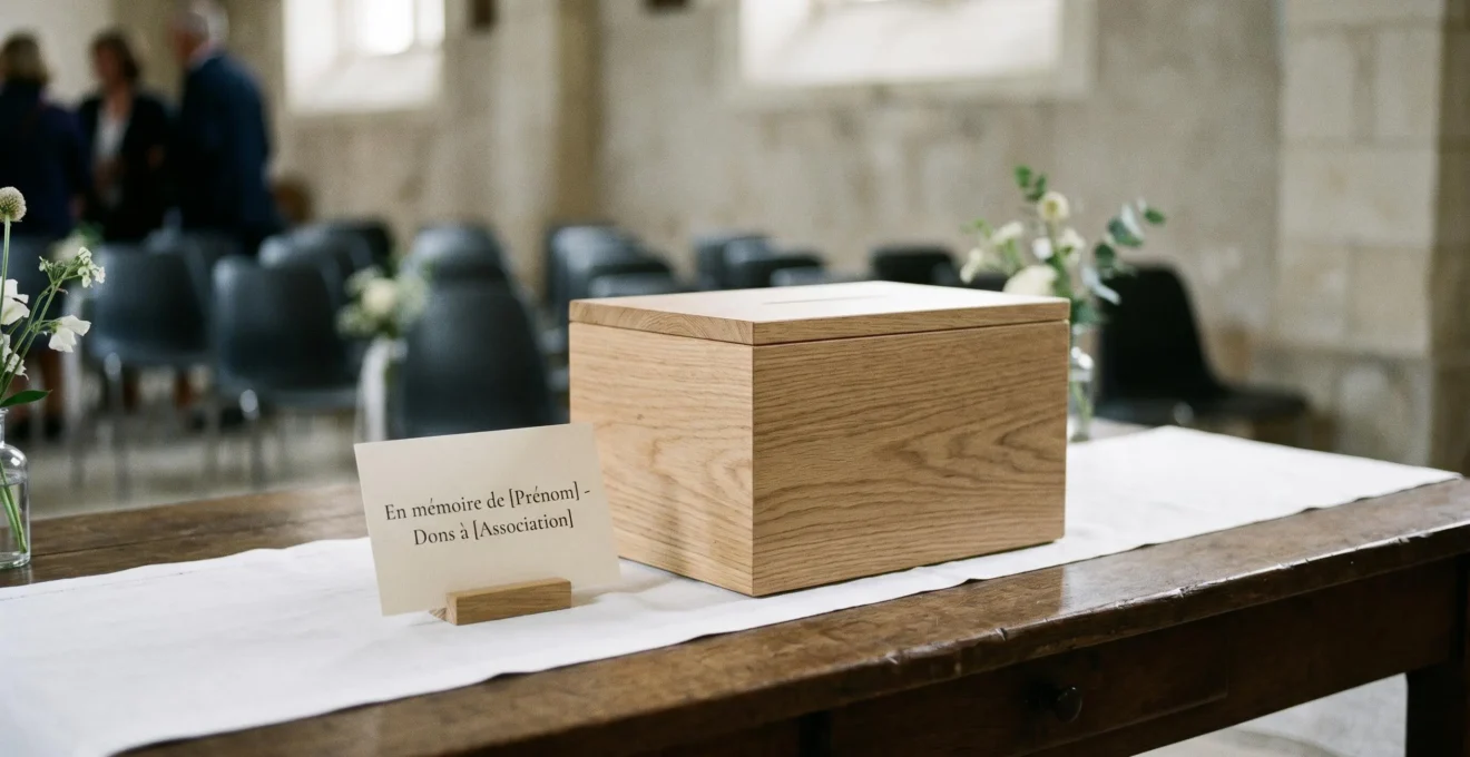 Urne de collecte sobre en bois clair posée sur une table avec une carte indiquant l'association bénéficiaire, dans un contexte de cérémonie