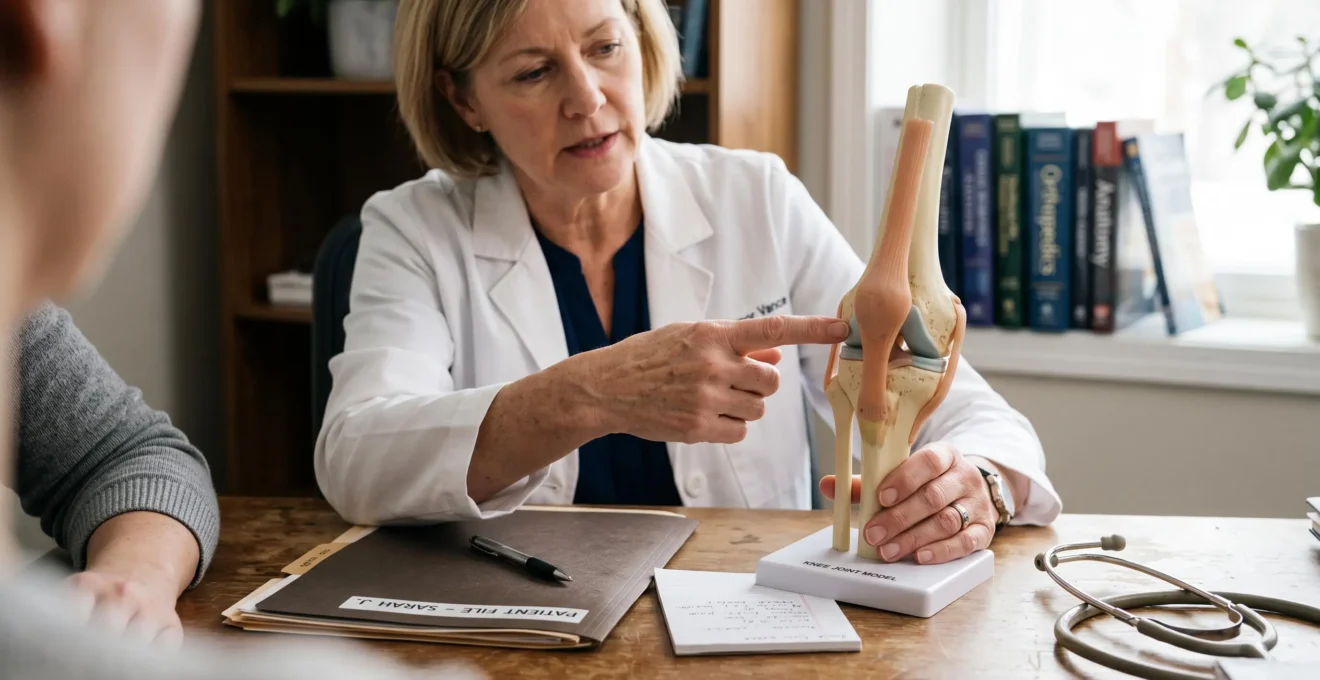 Un chirurgien montre un modèle de genou à un patient lors d'une consultation.